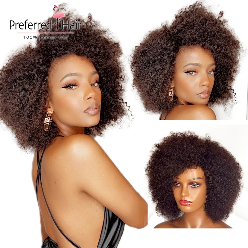 

Afro Kinky Curly Full Machine Made Short Bob Pixie Cut Human Hair Front Wigs With Bangs 180% Density Black Women Remy Brazilian