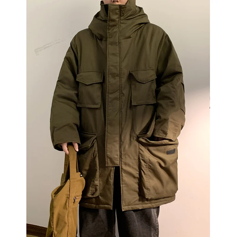 Winter Jacket Men Warm Fashion Retro Pocket Long Down Jacket Men Korean Loose Oversized Thick Hooded Coat Mens Parker Overcoat
