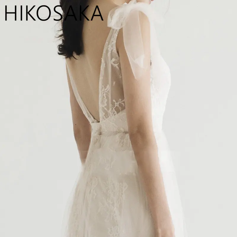 

Bohemian Lace Wedding Dresses 2023 V-Neck Straps A Line Boho Wedding Gown Bow Plus Size Beach Bridal Gowns Floor Length Vestidos