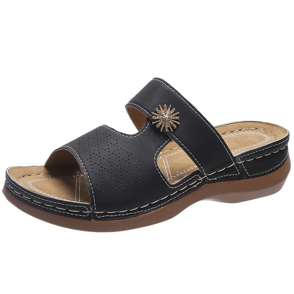 Hollow-Out Mid Heel Slippers With Rhinestone Flower Wear-Resistance Non-Slip Shoes For Beach Party