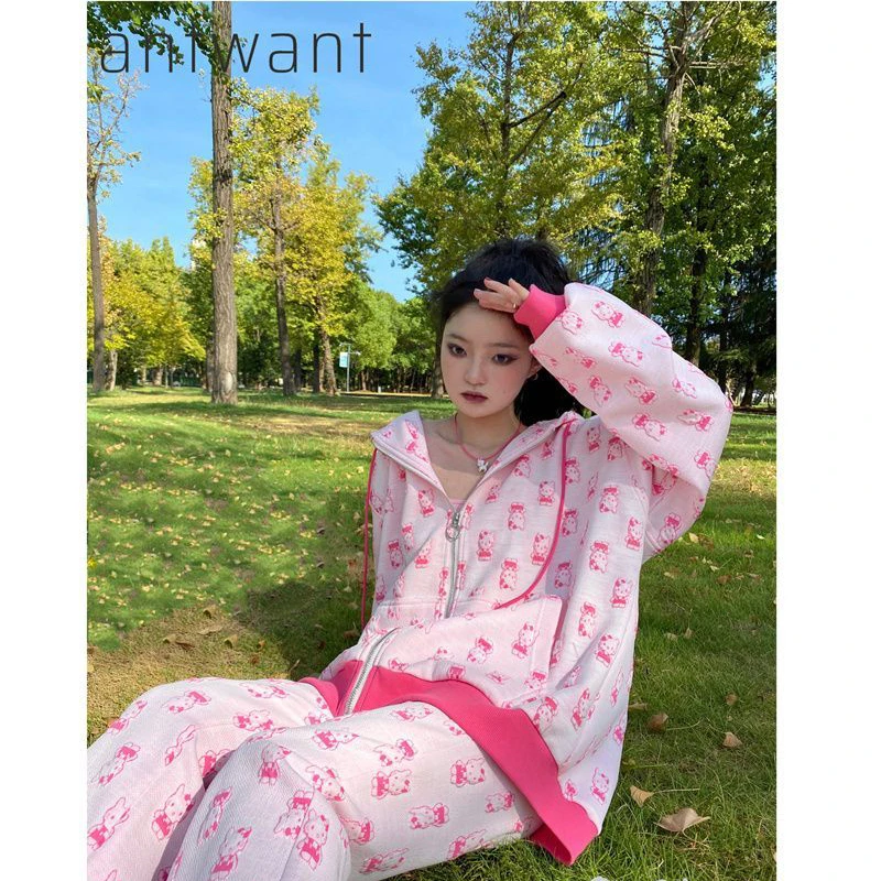 

Hello Kitty Hooded Cardigan Sweatshirt Women's Padded Thickening Loose American-Style Jacket Autumn and Winter Warm Ladies Coat