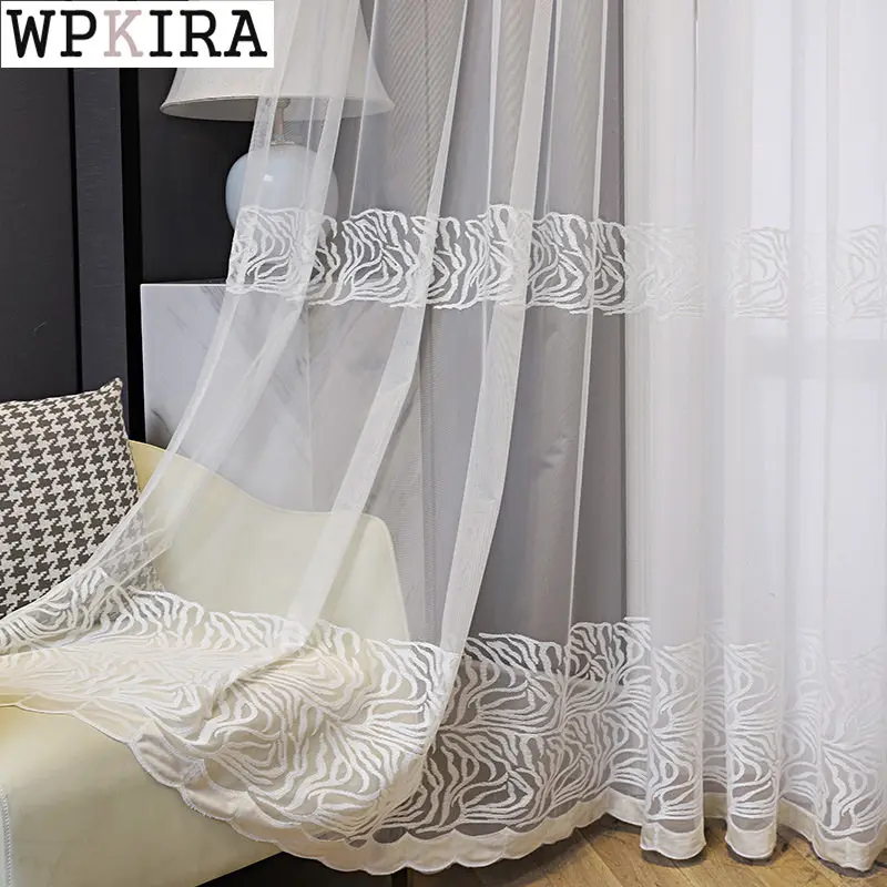 White Textured Curtains for Living Room Embroidery Voile Drape Kitchen Velvet Bottom Mesh Blinds Window Custom Made S467#E