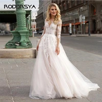 2022 boho long sleeves lace appliques wedding dresses elegant v neck a line tulle sweep train bridal gowns for women customsize