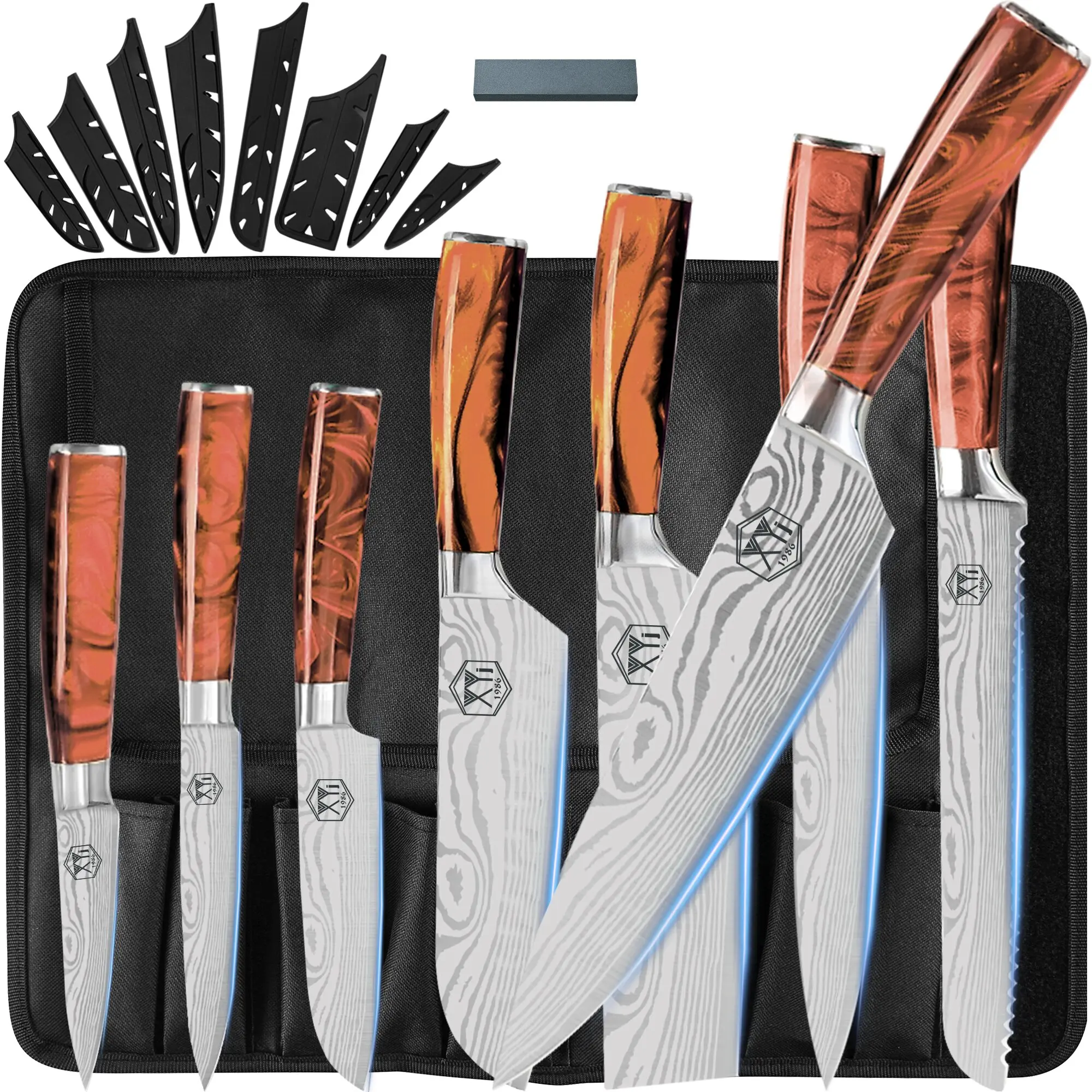 

Portable Chef Knife Set Professional With Roll Bag 7CR17 Stainless Steel 8Pcs Knives Kit Vein Damascus Pattern Kitchen Knife Set