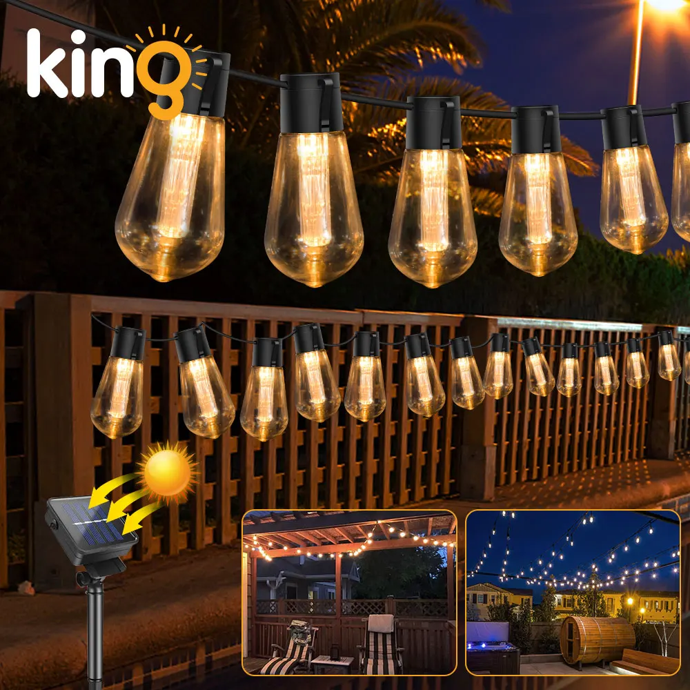 Solar Powered Outdoor Lights for Patio, S14 LED Solar Christmas String Lights Waterproof with 4 Modes for Garden Backyard Decor