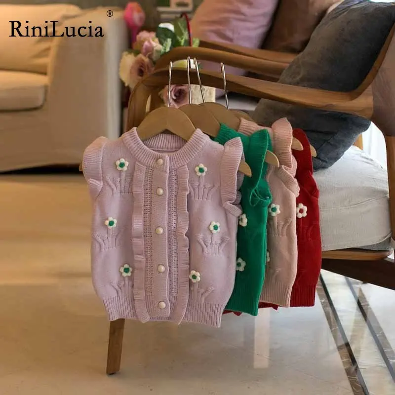 

RiniLucia 2022 Autumn Winter Floral Knitted Sweaters Vest for Baby Girls Princess Cute Children's Clothing Knitwear Waistcoats