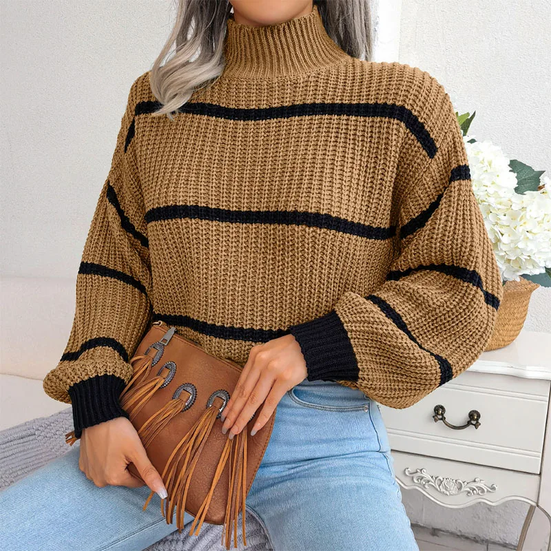 

Striped Knitwears Turtleneck Sweaters For Women 2023 Winter Fashion Women's Cropped Sweater Long Sleeve Pullovers Female Tops