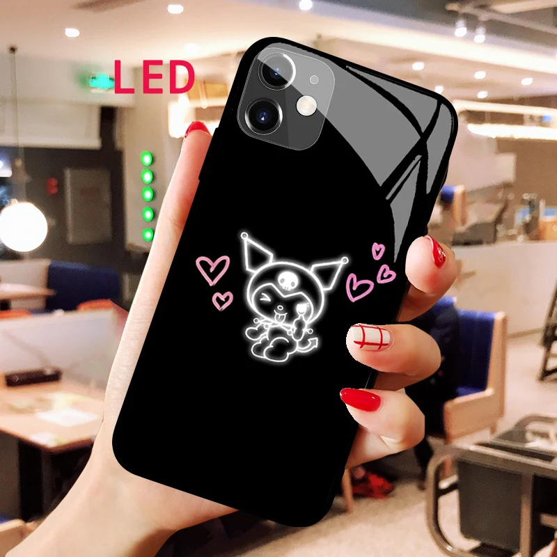 

Kuromi Luminous Tempered Glass phone case For Apple iphone 13 14 Pro Max Puls mini Luxury Fashion RGB LED Backlight new cover