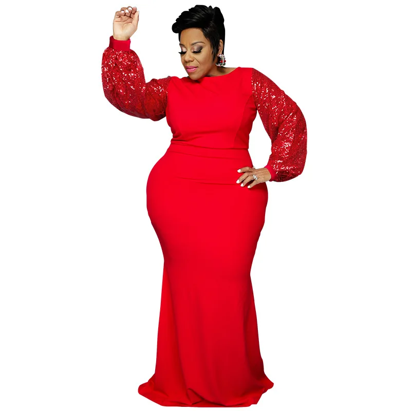Plus Size Dresses Solid Long Sleeve Beaded Sleeve Sexy Slim Female Fishtail Skirt Long Skirt Party Dresses Evening Dresses Full