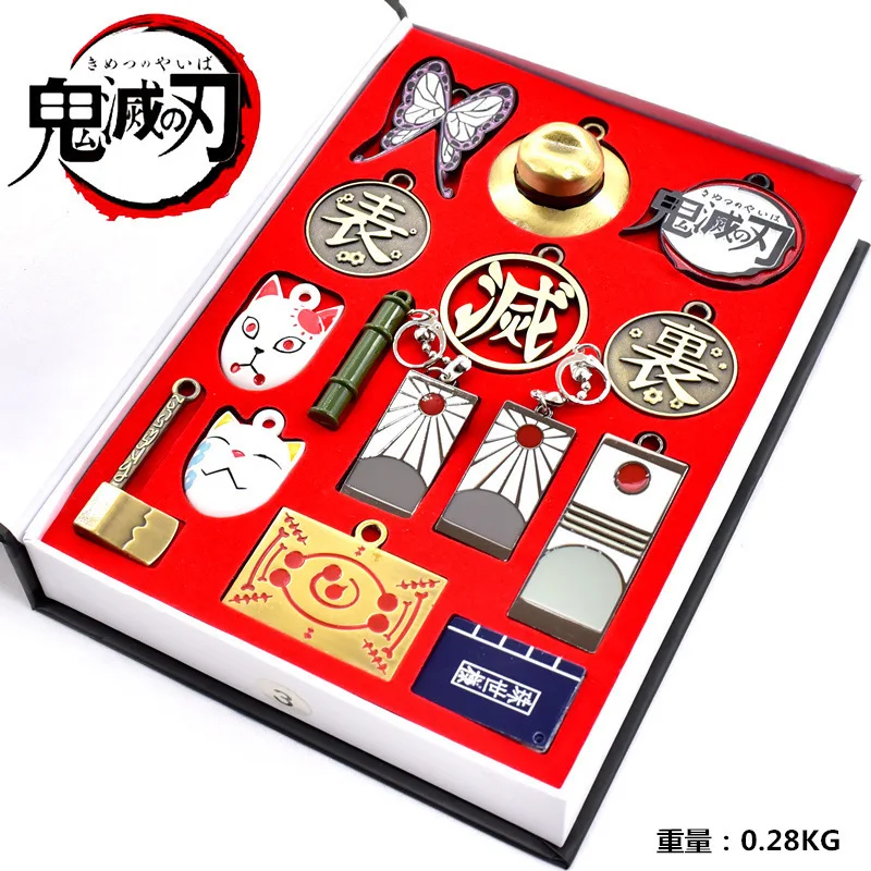 

14 Pieces/set New Anime Demon Slayer Blade Peripheral Mask Kumamon Tanjiro Earrings Weapon Model Metal Coin Badge Keychain Set