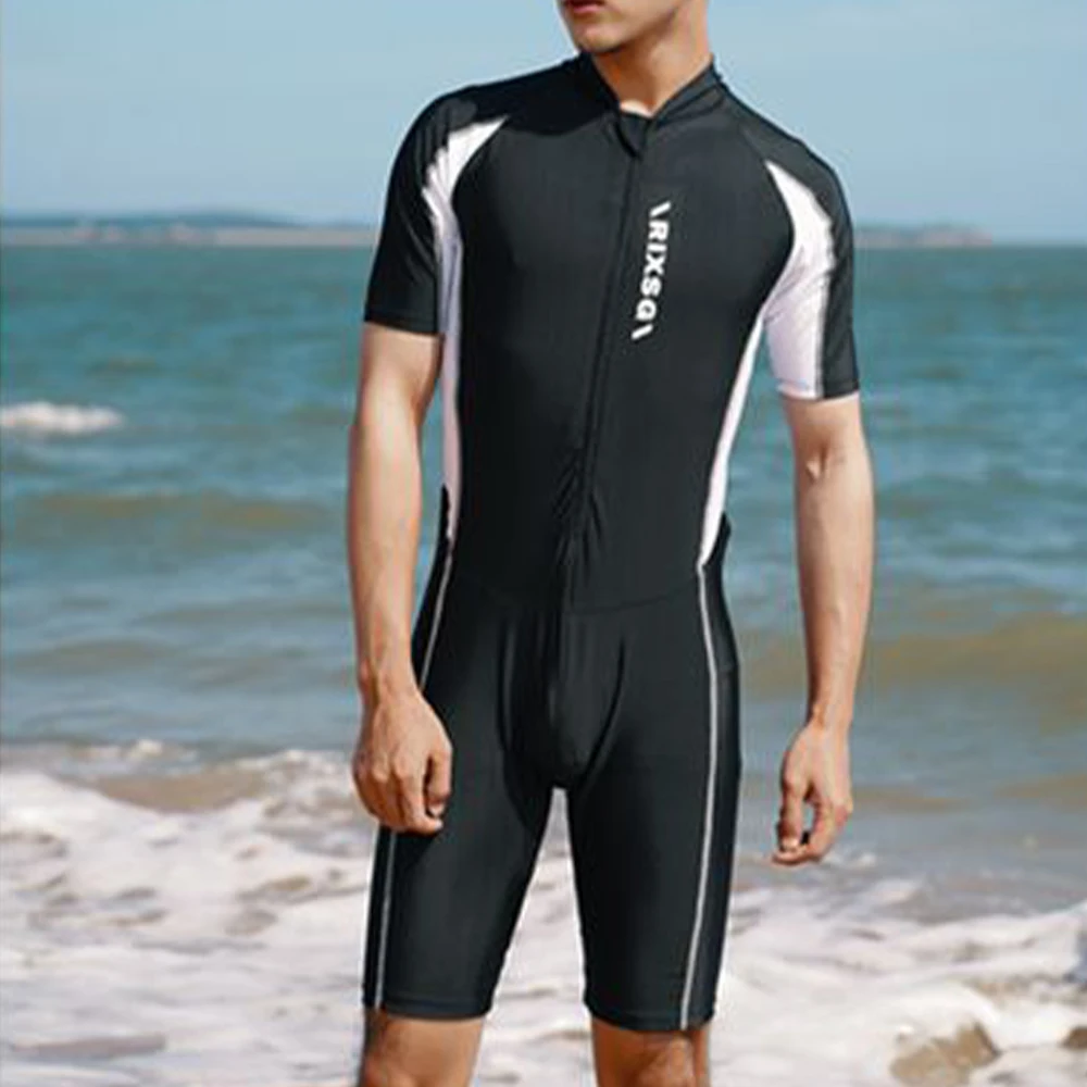 

Summer Men Siamese Swimsuit Short Sleeve Rash Guards Swimwear Surfing Jumpsuit Front Zipper Colorblock Bodysuit Swimwear A50
