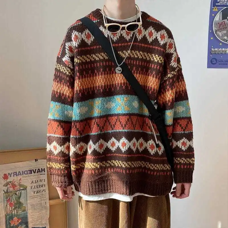 Мужской вязаный винтажный свитер HOUZHOU с графическим рисунком коричневые синие