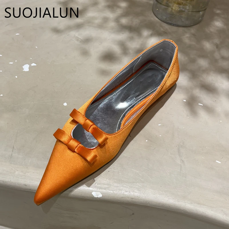 SUOJIALUN 2022 New Spring Flats Shoes Pointed Toe Shallow Slip On Ladies Elegant Ballerina Fashion Bow-knot Casual Women Loafers