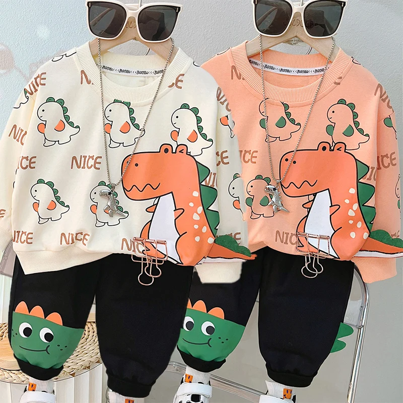 

New Children's Set, 2023 Baby Cartoon Dinosaur Top, Boys' Spring and Autumn Children's Wear,Girls' Top and Trouser Two Piece Set