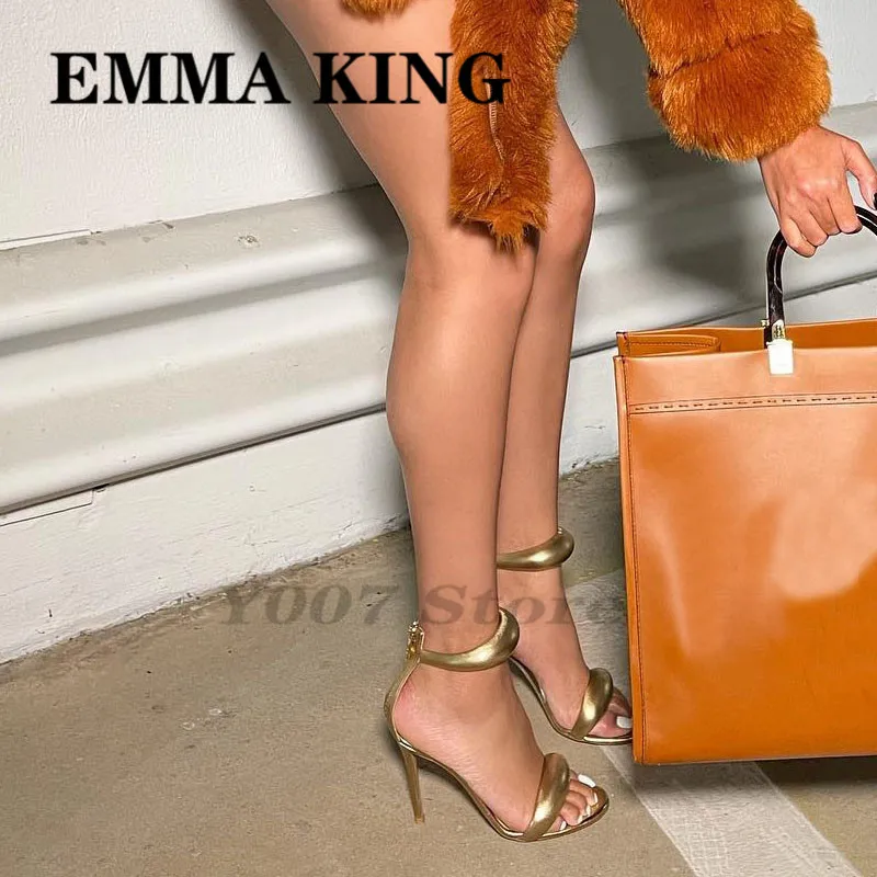 

2022 Gold Leather Ankle Strap Sandal Open Toe Almond Crystal Rear Zip Mules Women Summer Wedding High Stiletto Heel Sandalias