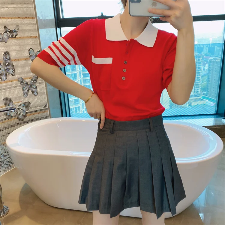 

Summer TB college style cartoon puppy polo collar short-sleeved striped ice linen knitted hit color all-match T-shirt