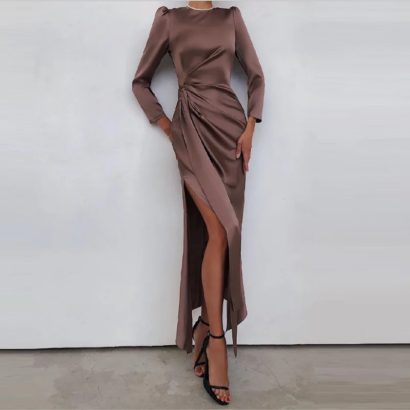 

Sexy and Elegant High Waist Slit Dresses Formal Clothing Chic Wear Urban Women Long Sleeve Bandage Folds Party Banquet Dresses