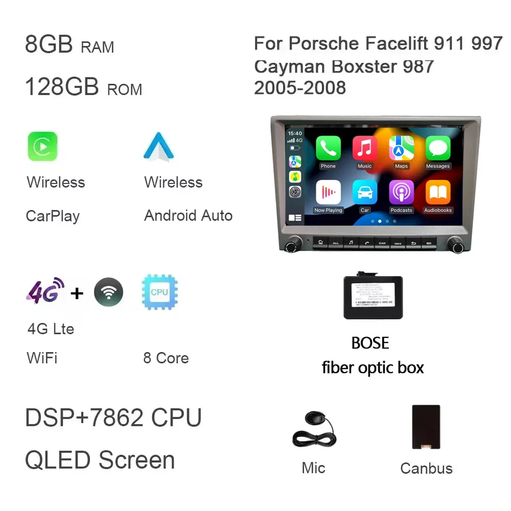 

Автомобильный DVD-плеер CarPlay, 720P, 8 дюймов, Android 12,0, 8 ядер, 4 Гб, DSP, мультимедийный GPS, Авторадио для Porsche 911, 997, 987, Cayman Boxster, серый цвет