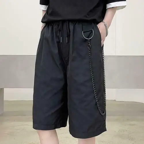 

Mens Fashion Summer Punk Metal Chain Decor Loose Short Pants Youth Casual Shorts Knee-length