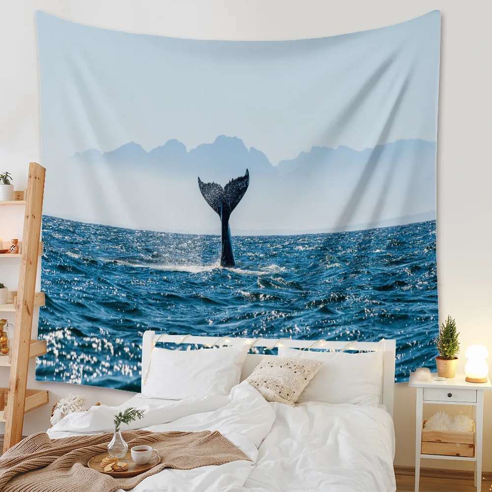 

Dolphin Tapestry Wall Hanging Blue Wave Sailboat Bohemia Sofa Carpet Desk Mat Bedroom Living Room Art Decor