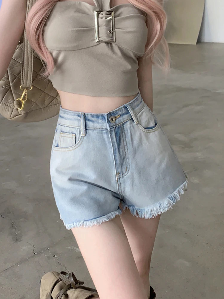 Streetwear Female High Waist Raw Hem Loose Denim Shorts Spring Summer Women Button Retro Frayed Jeans Shorts Bottoms