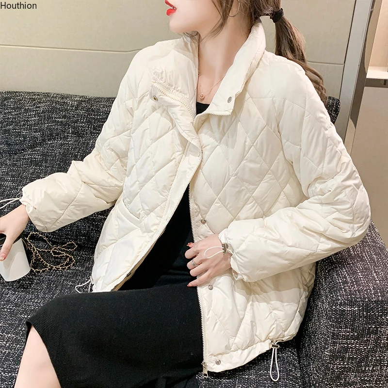 

Autumn Winter Women's Parkas Loose Long Sleeves Zipper Fashion Leisure Clothing Jacket Houthion Argyle