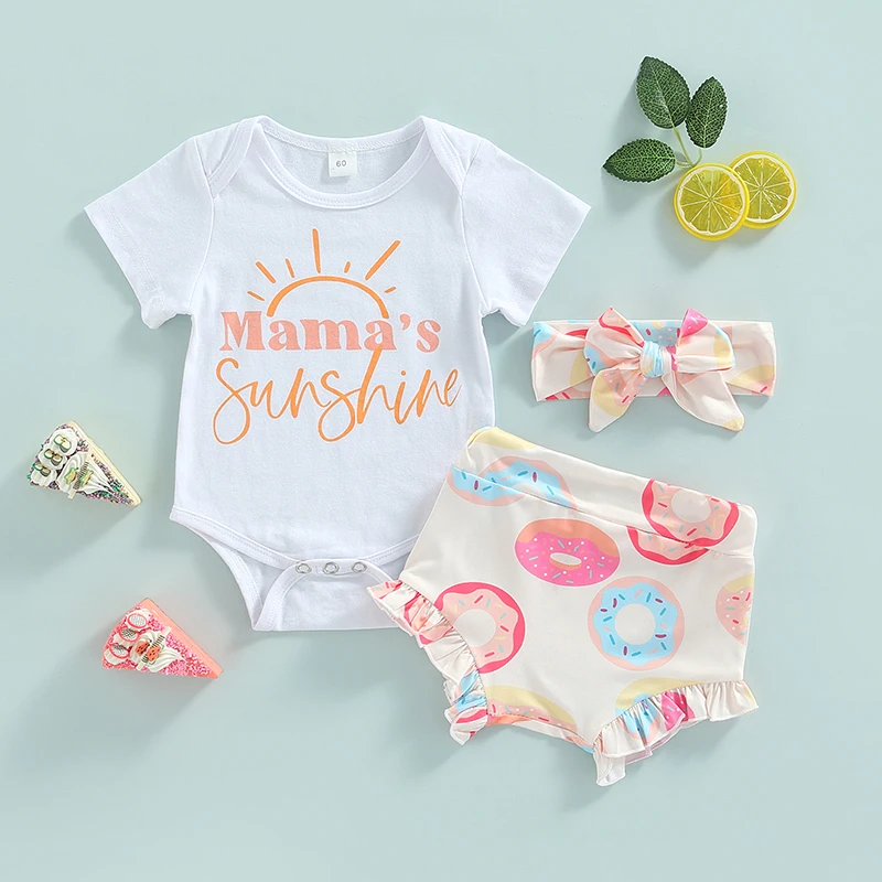 

Infant Girls Three-piece Layette White Short Sleeve Romper, Doughnut Print Shorts and Headdress