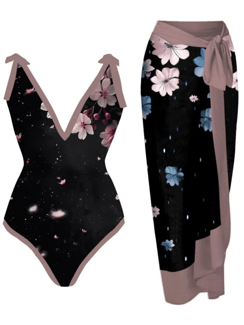 Bikini Bodysuit Swimwear Women With Skirt Bathing Suit Summer New Ruffle Splice Print Beachwear Holiday Bikini Cover Ups Outfits