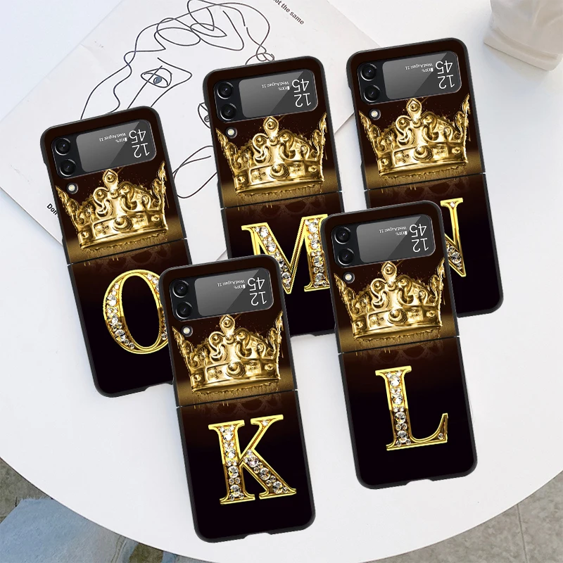 

Phone Case For Samsung Galaxy Z Flip 3 4 5G ZFlip3 ZFlip4 zflip3 flip4 Black Hard ZFlip zflip Shell Cover Crown Golden Letters K