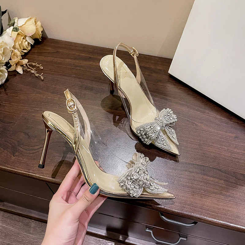 Fashion Crystal Sequined Bowknot Women Pumps Sexy Pointed Toe High Heels Wedding Prom Shoes Ladies PVC Transparent Sandals