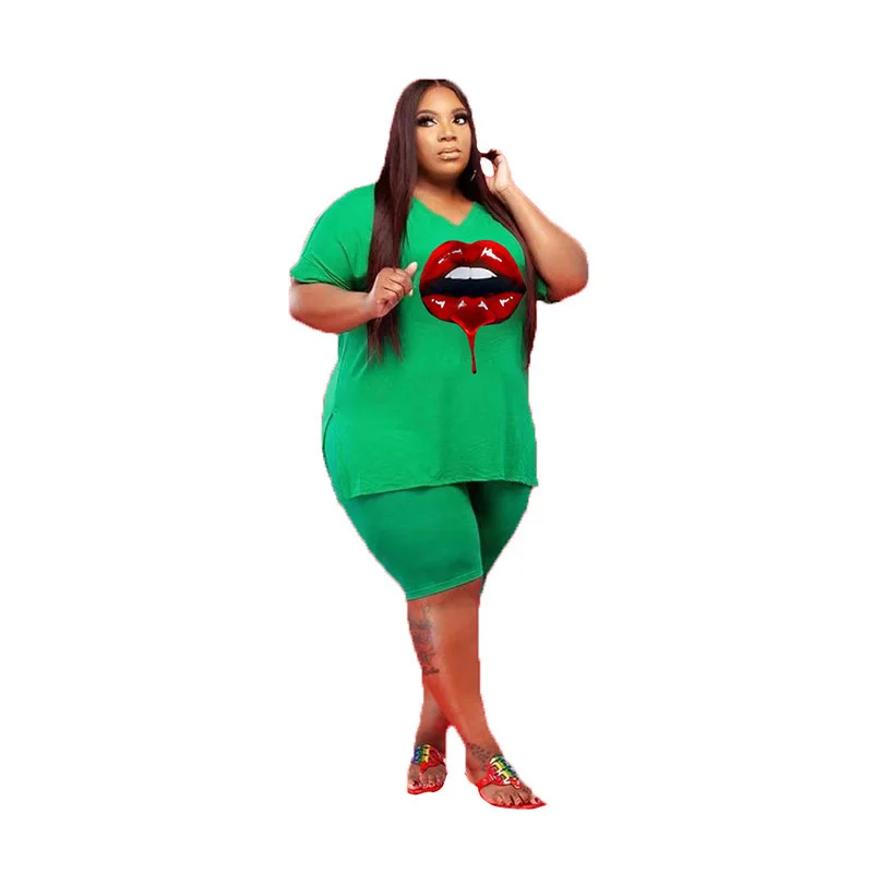 Plus Size Two Piece Set Women Wholesale Clothing Shorts Sets Casual v Neck Lips Print Slip Hem Crop Top and p 3xl 4xl 5xl 6xl