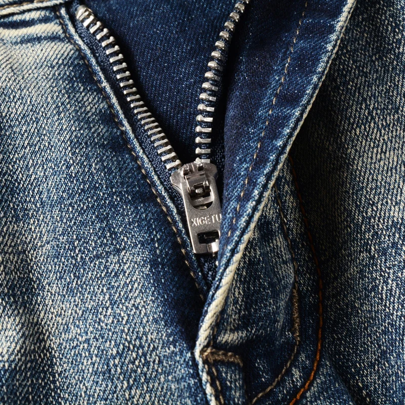 Fashion Designer Men Jeans High Quality Retro Blue Elastic Slim Fit Ripped Jeans Men Hole Patched Vintage Denim Pants Hombre