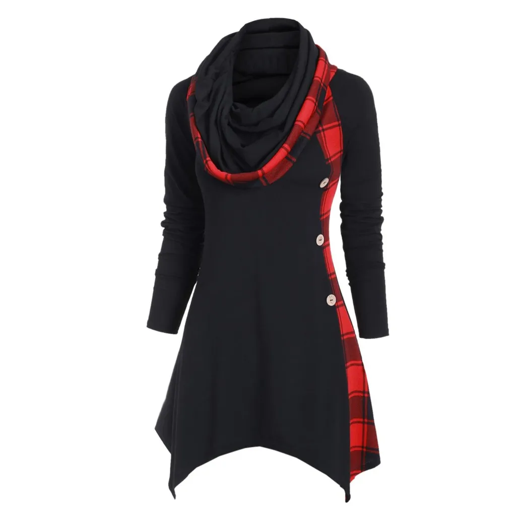 

Women Plaid Convertible Neck Mock Button Handkerchief Irregular Tshirt