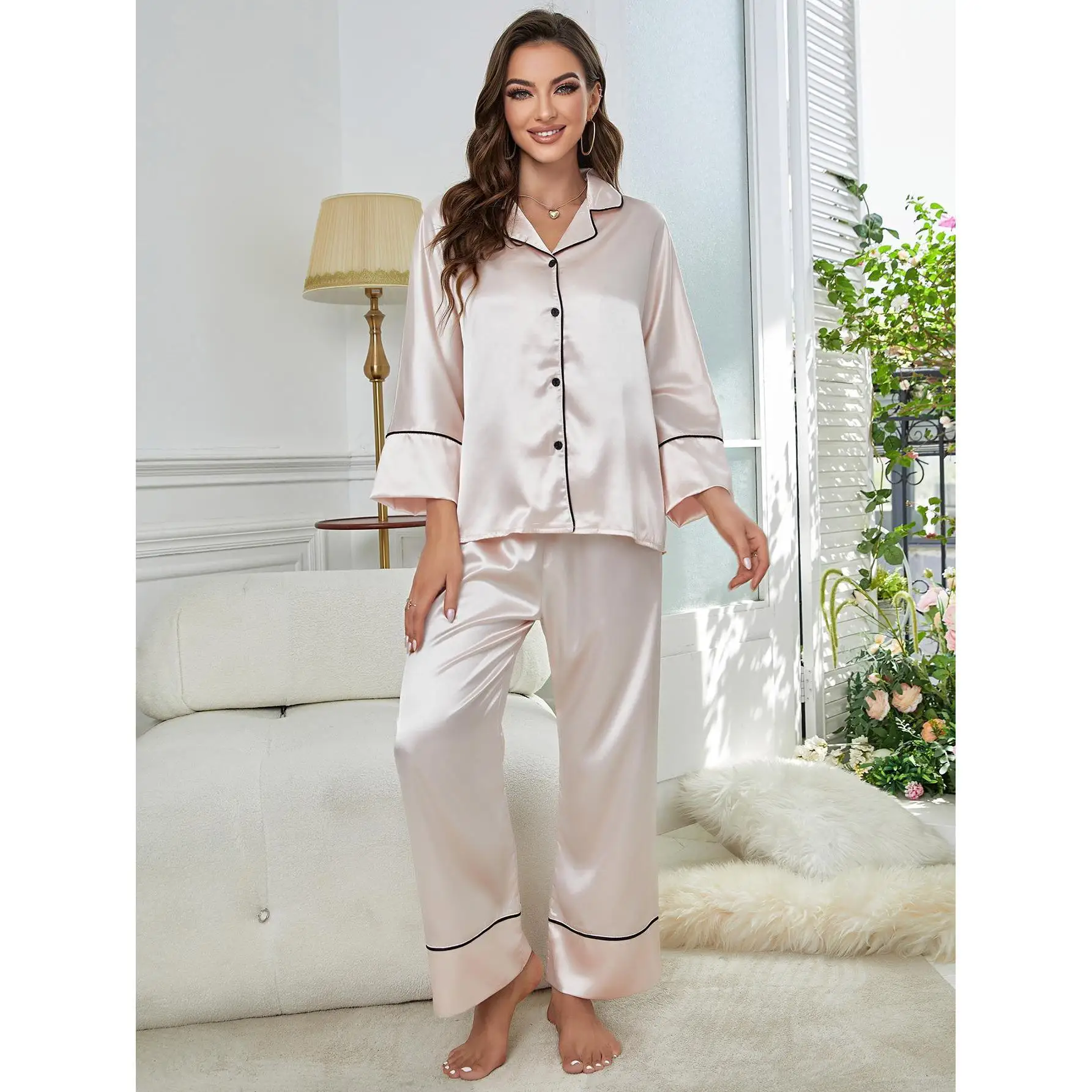 Champagne Color Luxury Silk Pajamas For Women Satin Sleepwear Spring Autumn Long Sleeve Nightwear Sleeping Clothing Home Wear