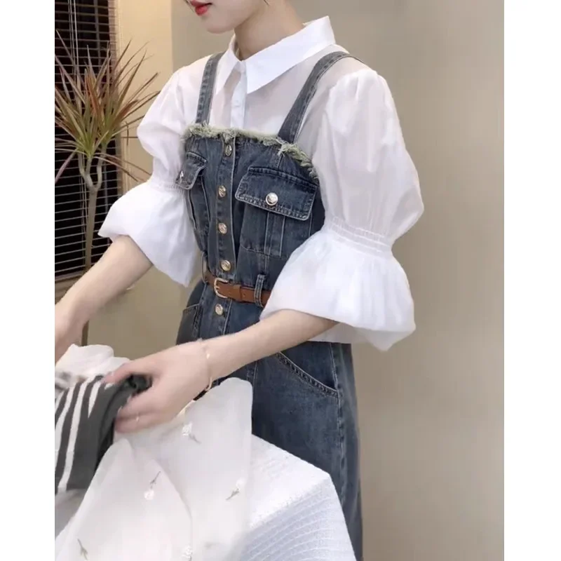 Корейская шикарная рубашка с пышными рукавами и лацканами джинсовая юбка