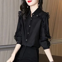 elegant lace spliced lapel button oversized chiffon shirt 2022 autumn new casual tops loose commute womens clothing blouse