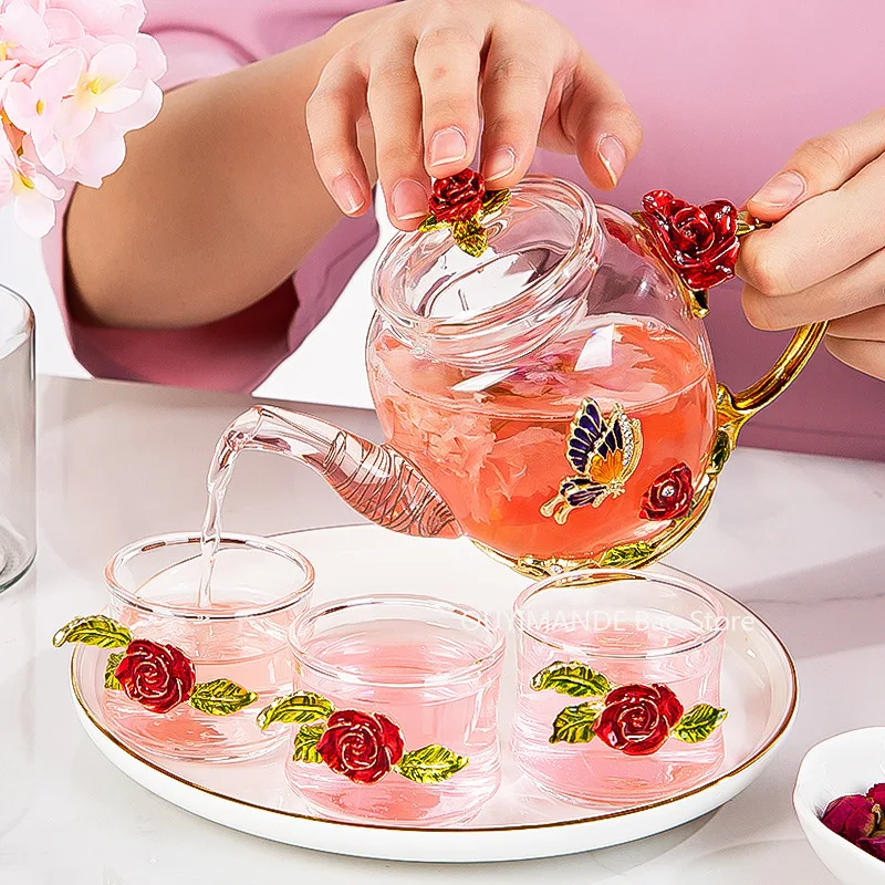 

Red rose Enamel Crystal Glass Tea Set Teapot Cup Set Flower Tea Glass Cups for Hot and Cold Drinks Home Office Teaware sets Gift