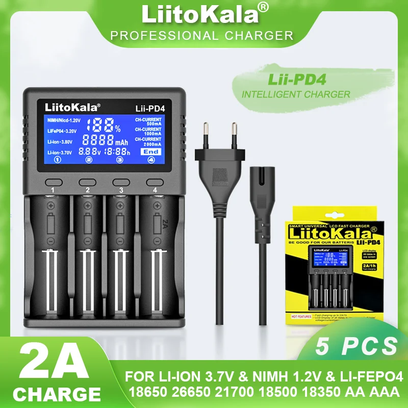 

5PCS Liitokala Lii-PD4 18650 LCD 3.7V/1.2V NiMH 18350 26350 18500 21700 20700 26650 16340 Recharge Lithium Battery Charger