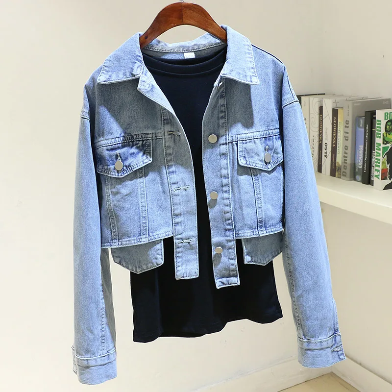 

Vintage Light Blue High Waisted Short Denim Jacket Coat Women Slim Cowboy Outwear Spring Autumn Long Sleeve Jeans Jacket Female
