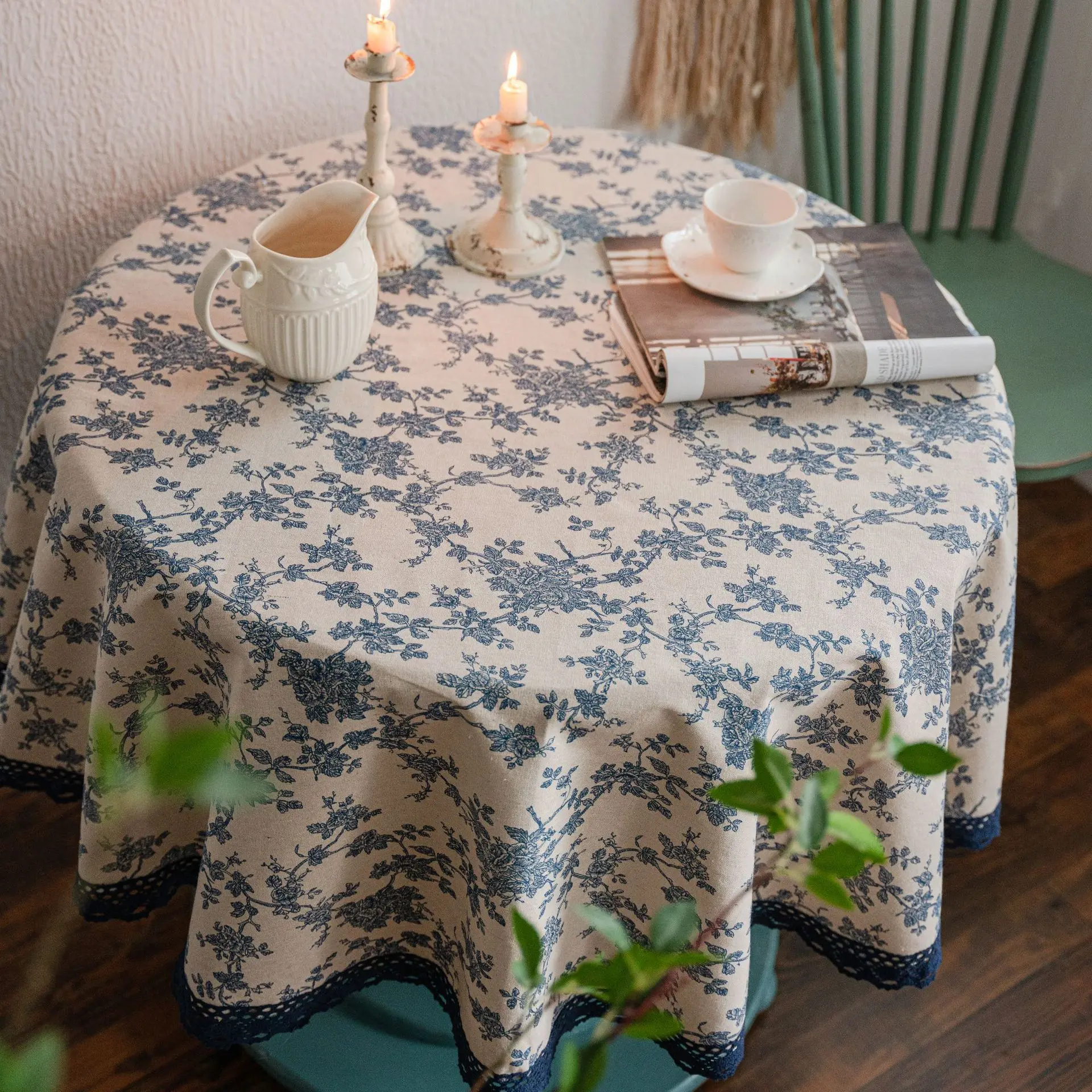 Blue Rose Printed Tablecloth Table Cloth Pastoral Cotton Linen Retro Round Cover for Dining Party Home Decoration |