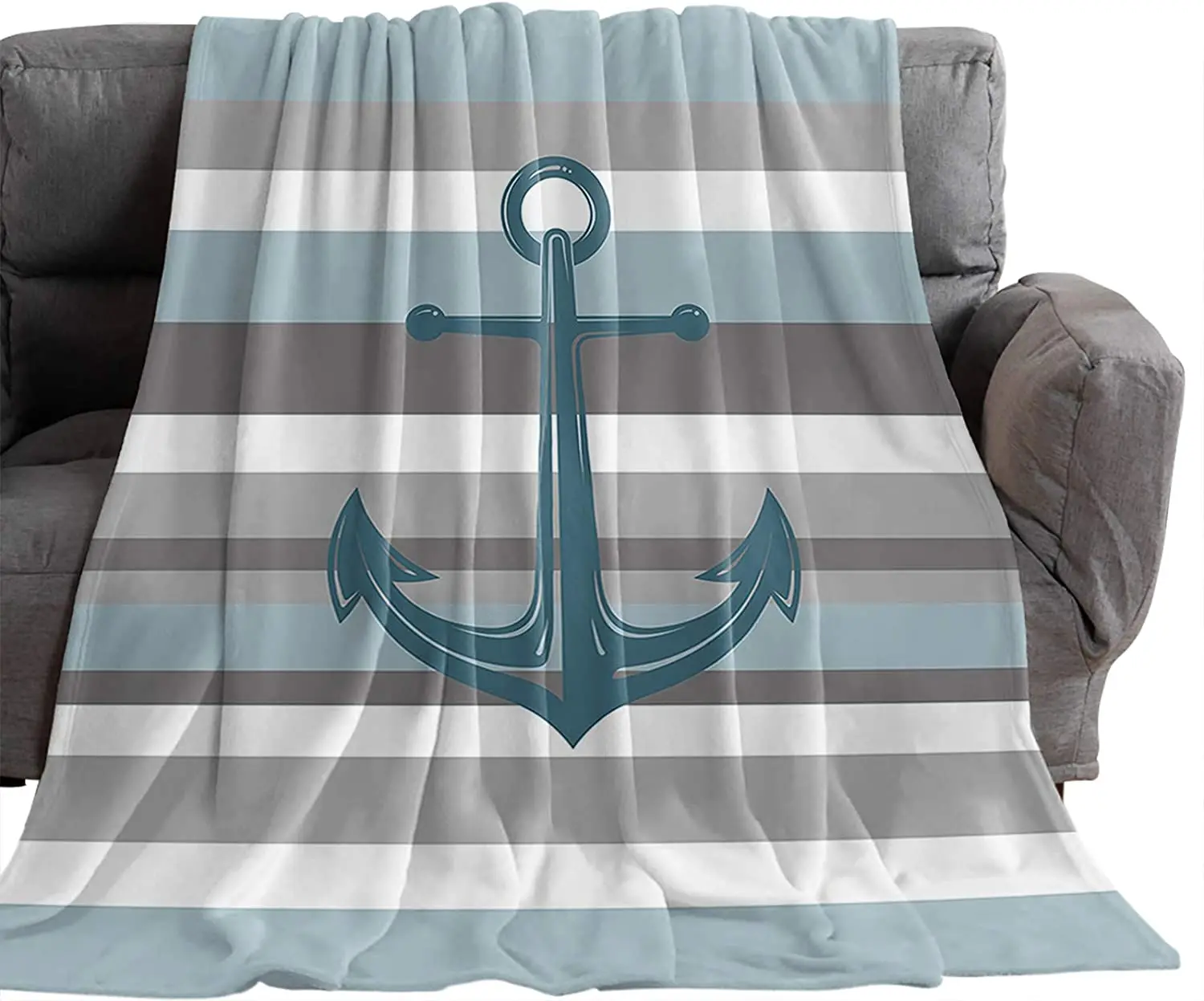 

Blue Grey Stripe Super Soft Throw Blankets Coastal Nautical Anchor Luxury Comfort Fleece Bed Cover Cozy Warm Lightweight Blanket