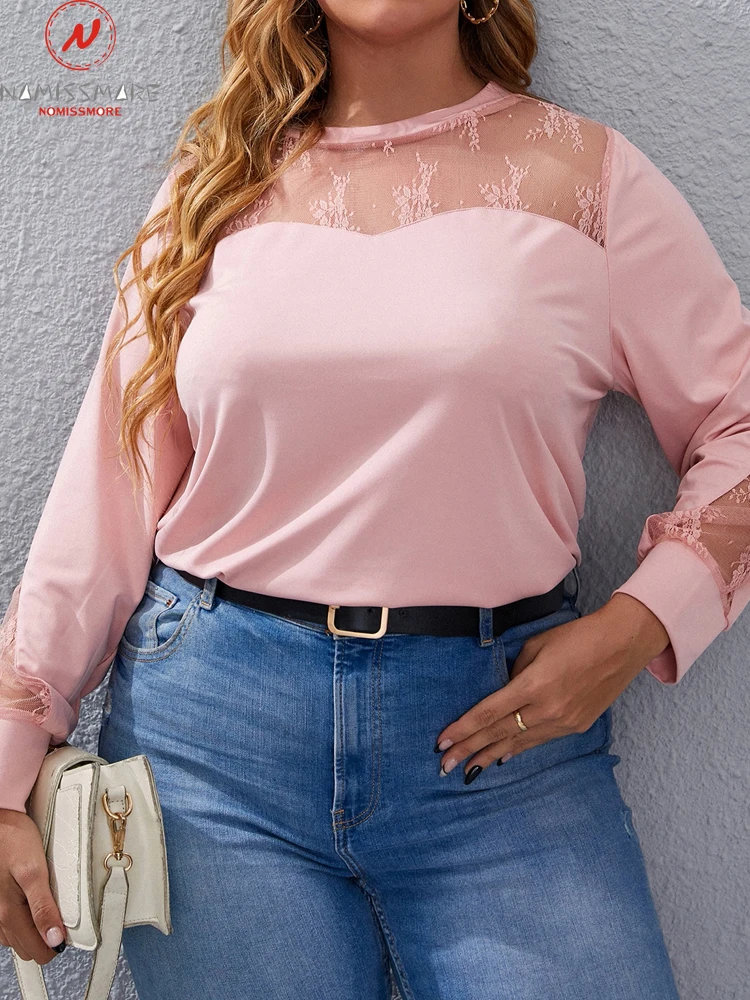 

Однотонные футболки размера плюс для женщин, сетчатый лоскутный дизайн, кружевной прозрачный круглый вырез, длинный рукав, повседневный Св...