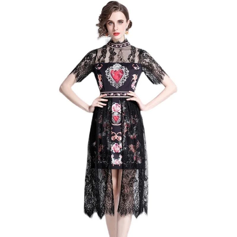 

Женское летнее платье COIGARSAM, новинка 2022, лоскутное черное кружевное платье с воротником-стойкой и принтом, Прямая поставка