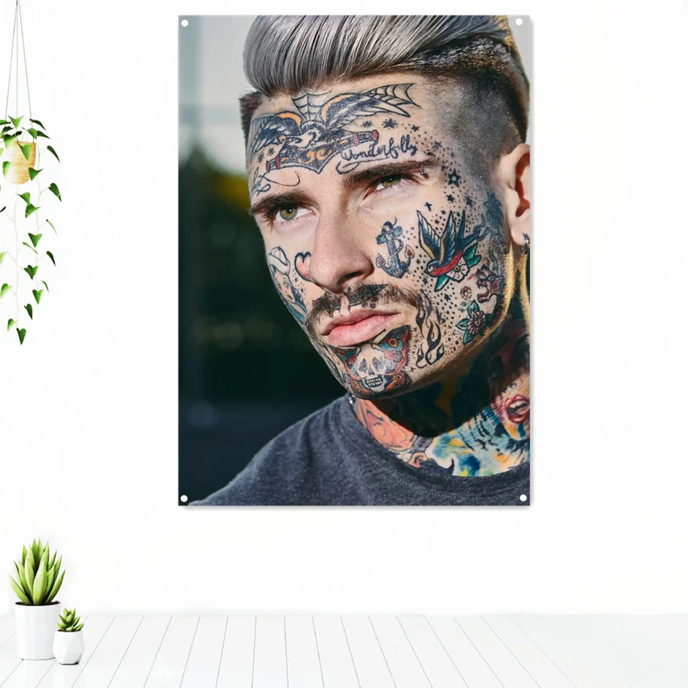 

Full Face Tattoo Men Hairstyle Design Art Poster Tapestry Wall Hanging Flag Tattoo Studio Barber Shop Decoration Painting Banner