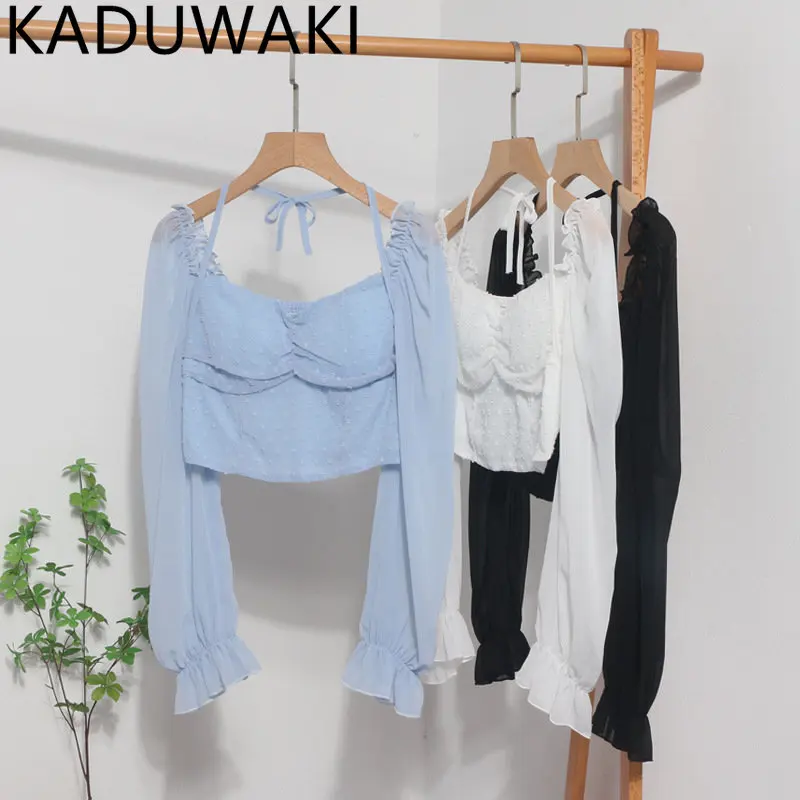 

Polka Dot Folds Short Blouse Summer Slash Neck Long Sleeve Women Tie Halter Elastic Waist Fashion Korean summer Beach Tops