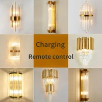 rechargeable battery wall lamp wiring free crystal wall lamp light luxury modern for living room golden led wall sconce lamp e14