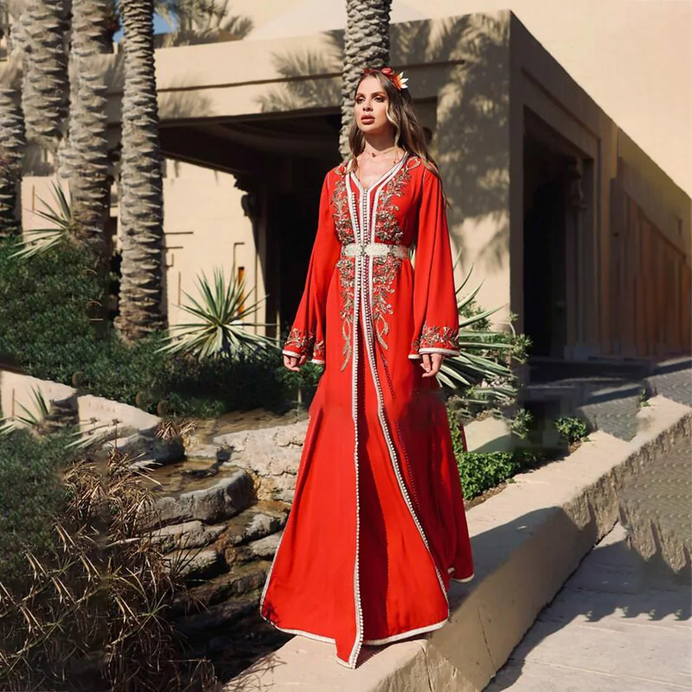 

Laxsesu Red Moroccan Caftan Prom Dress 2022 Appliques Long Sleeves Saudi Arabia Formal Evening Birthday Gowns 2 Piece