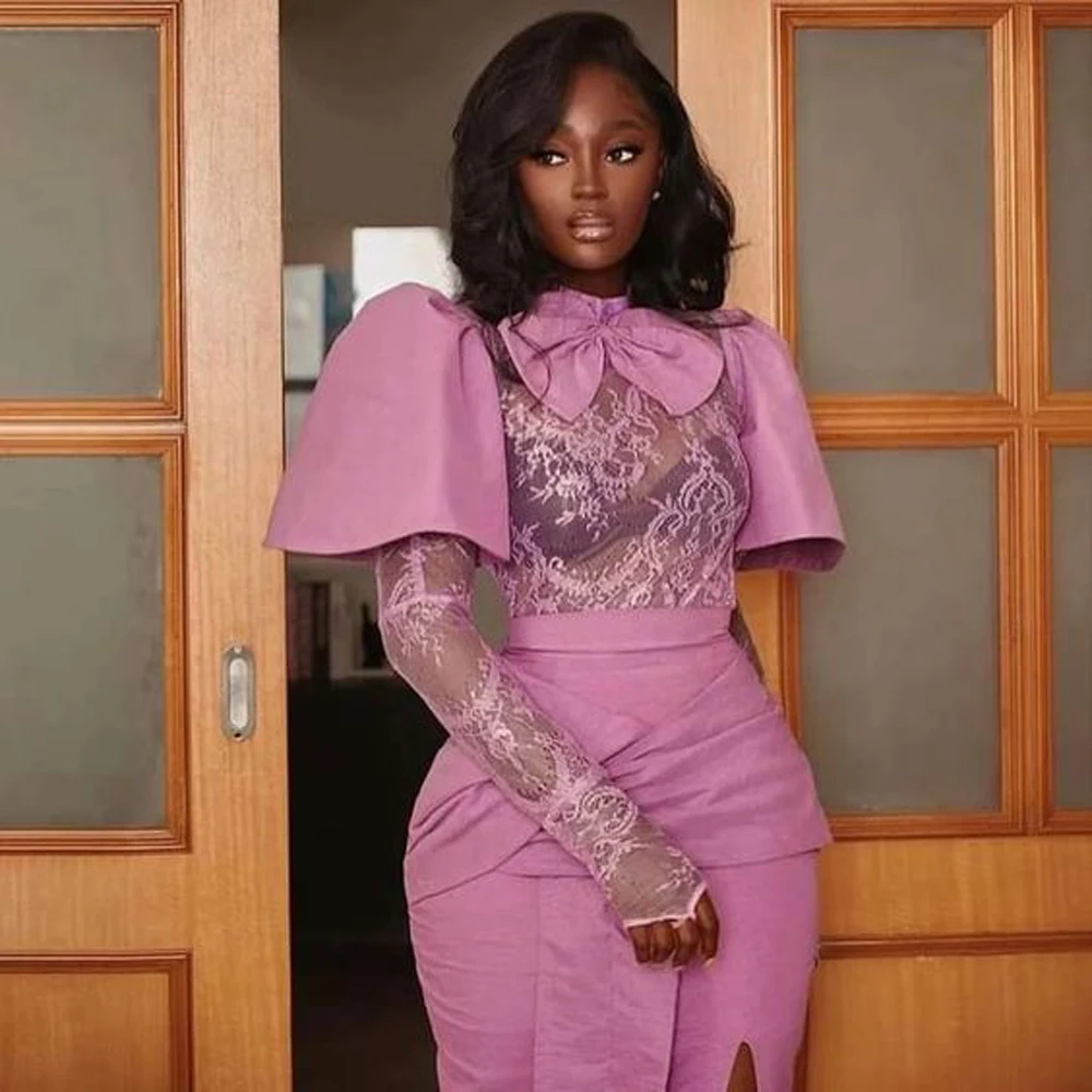 Вечерние платья Aso Ebi с разрезом сбоку пышное кружевное платье длинными рукавами