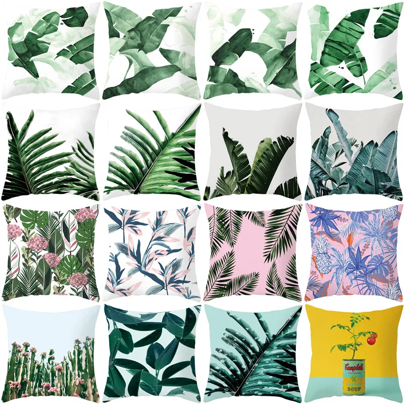 

2022 Tropical Green Leaf Pillow Cover Ins Pink Flower Pillowcase 40x40 45x45 Palm Leaves Cushion Cover Garden Chair Pillows Case