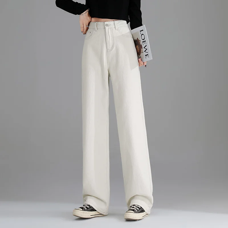 

2023 модные широкие женские брюки с высокой талией, вертикальные прямые свободные джинсы-трубки, весна-осень, новые удлиненные напольные брюки